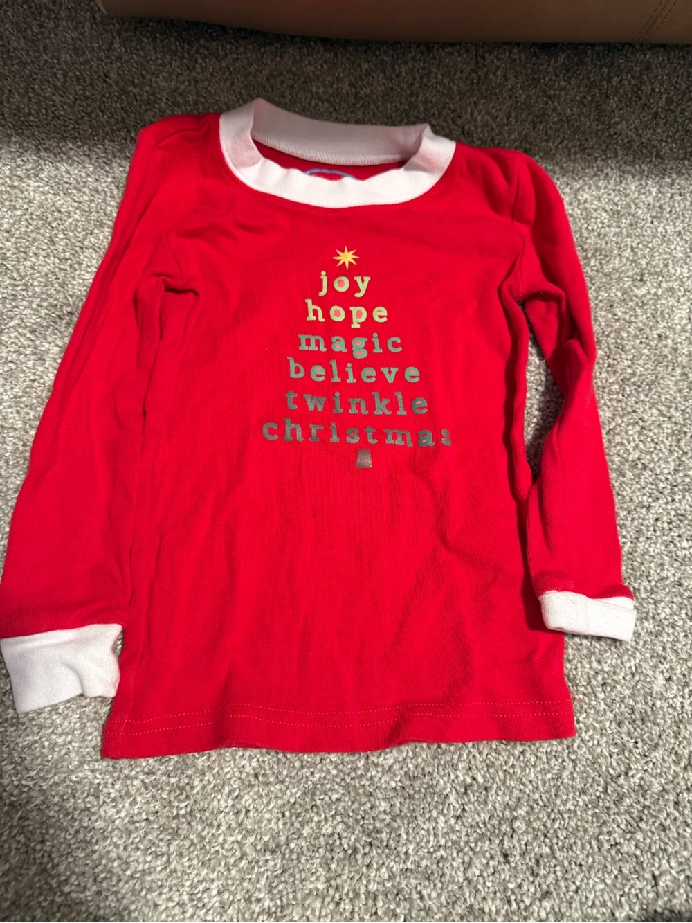 Sara's Prints Red Long Sleeve Tee with White Trim and Metallic Tree Text